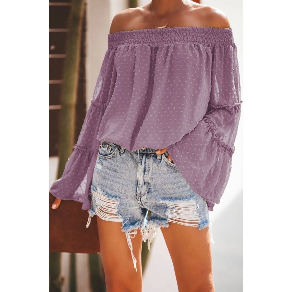 Lavender Purple Off The Shoulder Blouson Top Bell‎ Sleeves Size S Shirt Blouse